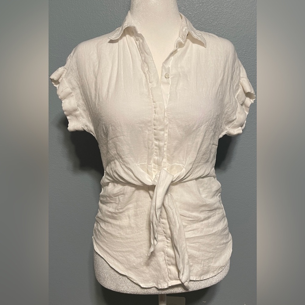 Lauren Ralph Lauren White Tie Front 100% Linen Top Boho Coastal Chic Romantic XS